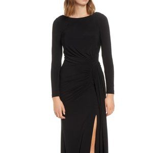 vince camuto boat neck long sleeve ruched drape gown
